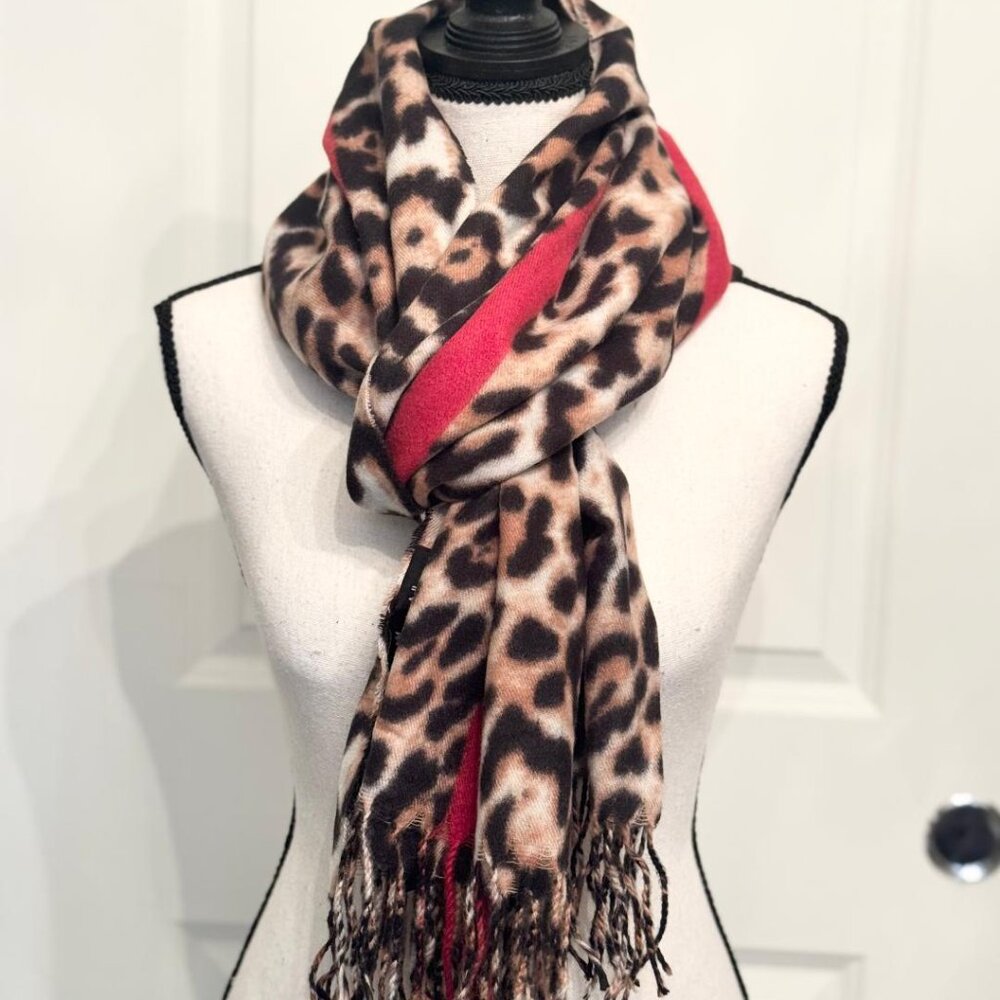 New Marcus Adler Women's Leopard Print Red Stripe Scarf Neck Warmer Wrap Shawl
